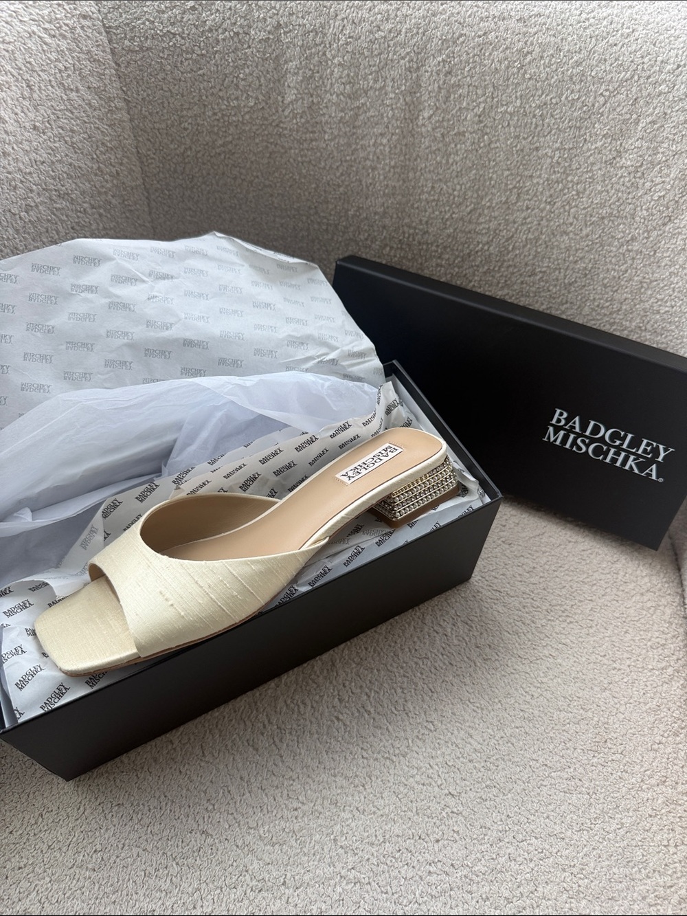 Badgley Mischka Ivory Satin Block Heel Slide - Oahu Low Block Slide Sandal